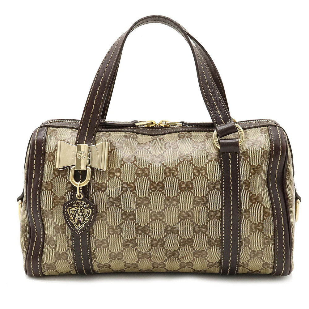 Gucci GG Crystal Dussa Ribbon Handbag Boston Bag Beige Brown Cream